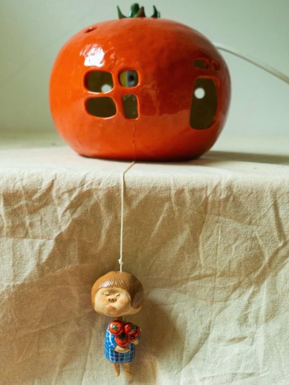 Tomato Ceramic Night Light with Hanging Figurine - Handmade